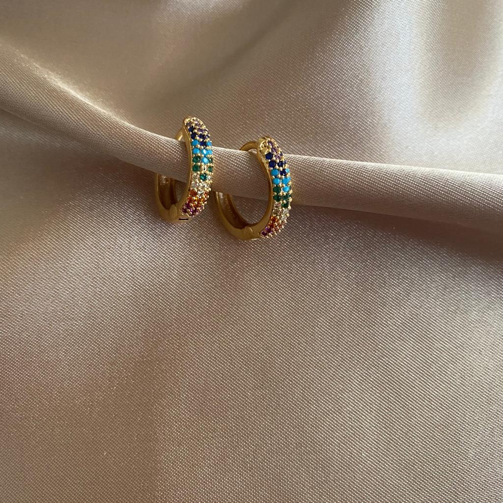 Renkli Taşlı Halka Gold Küpe 3 Renkli Taşlı Halka Gold Küpe - Görsel 3